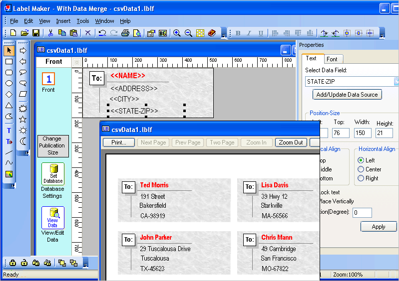 Print address labels, id cards, envelopes and more from Excel, Access files.