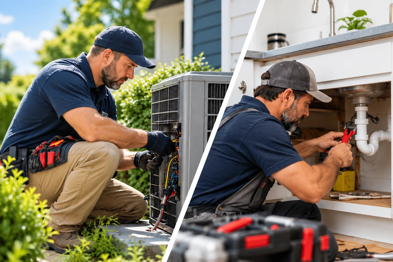 An HVAC technician servicing a residential air conditioner beside a plumber working under a kitchen sink.